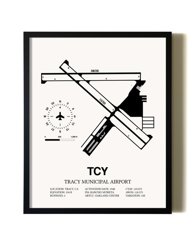 Framed Tracy Municipal Airport wall art poster in black frame