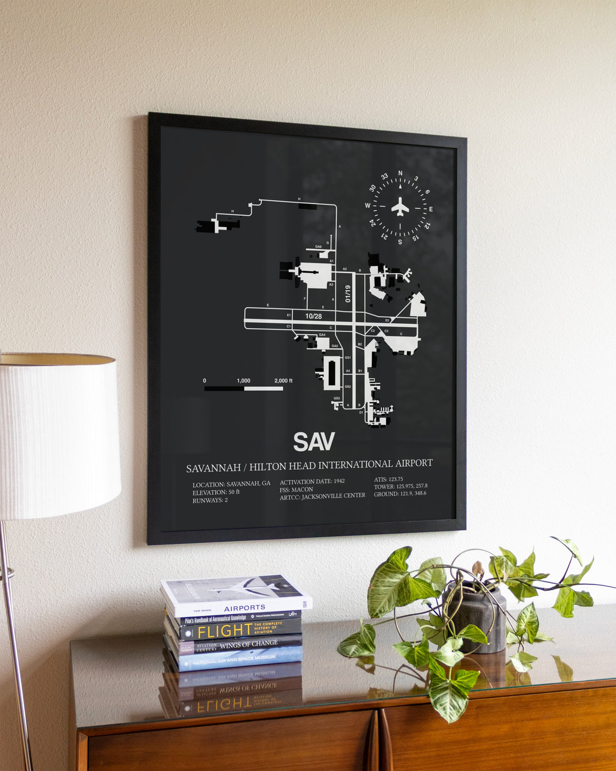Gray Framed Savannah / Hilton Head International Airport wall art poster in black frame