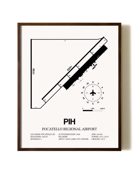 Pocatello Regional Airport aviation print in walnut frame