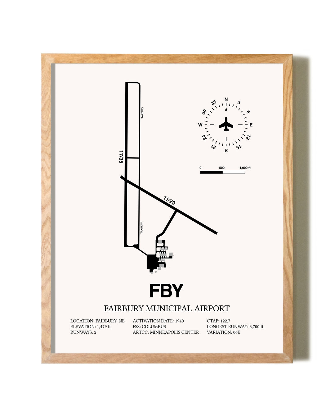 Fairbury Municipal Airport framed print in natural wood frame