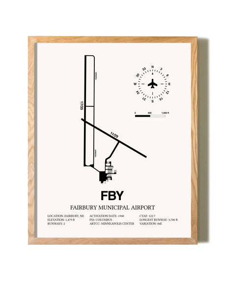 Fairbury Municipal Airport framed print in natural wood frame