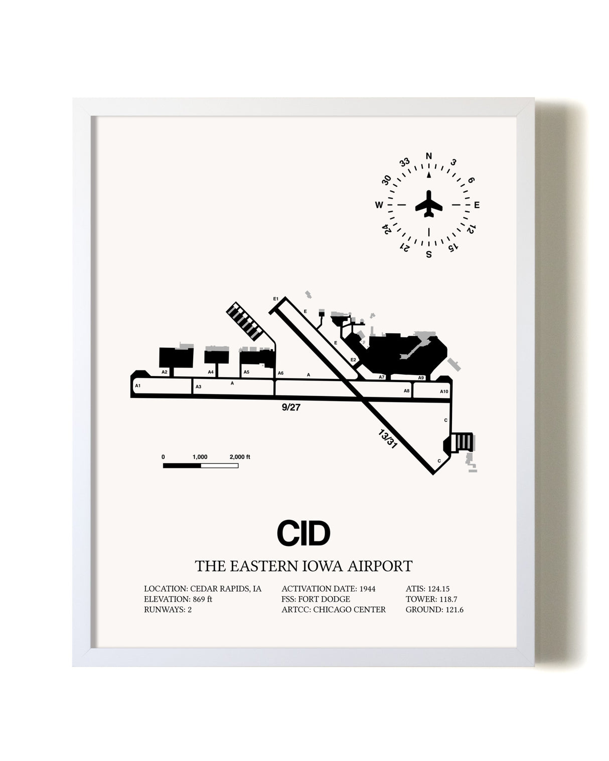 The Eastern Iowa Airport airport map poster in oak frame
