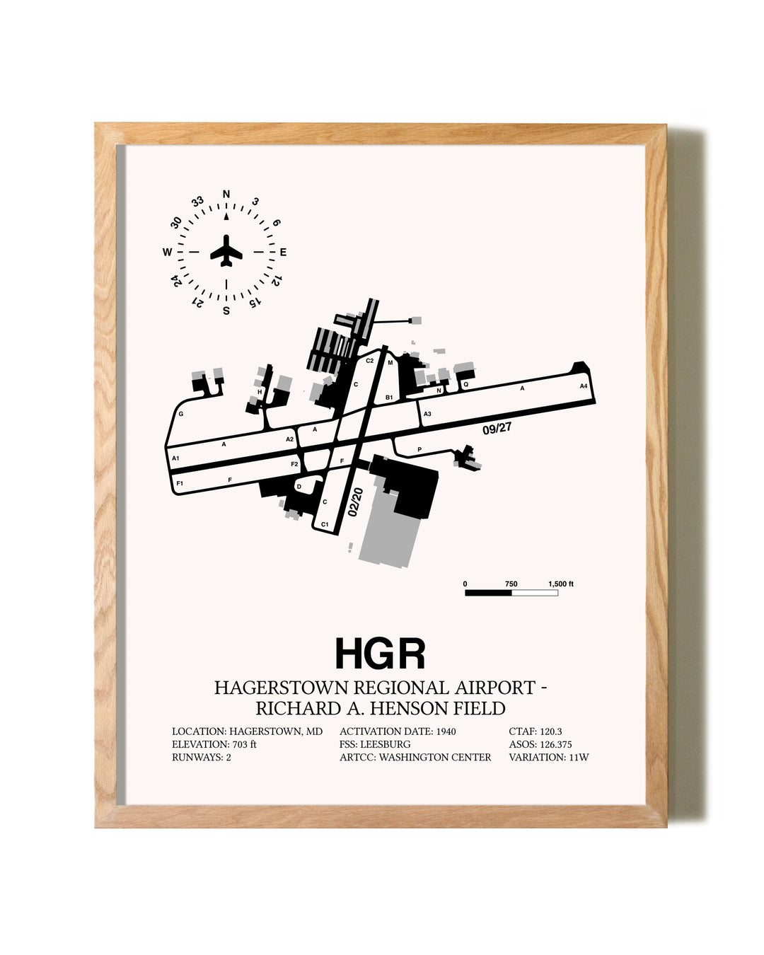 Hagerstown Regional Airport-Richard A. Henson Field framed print in natural wood frame