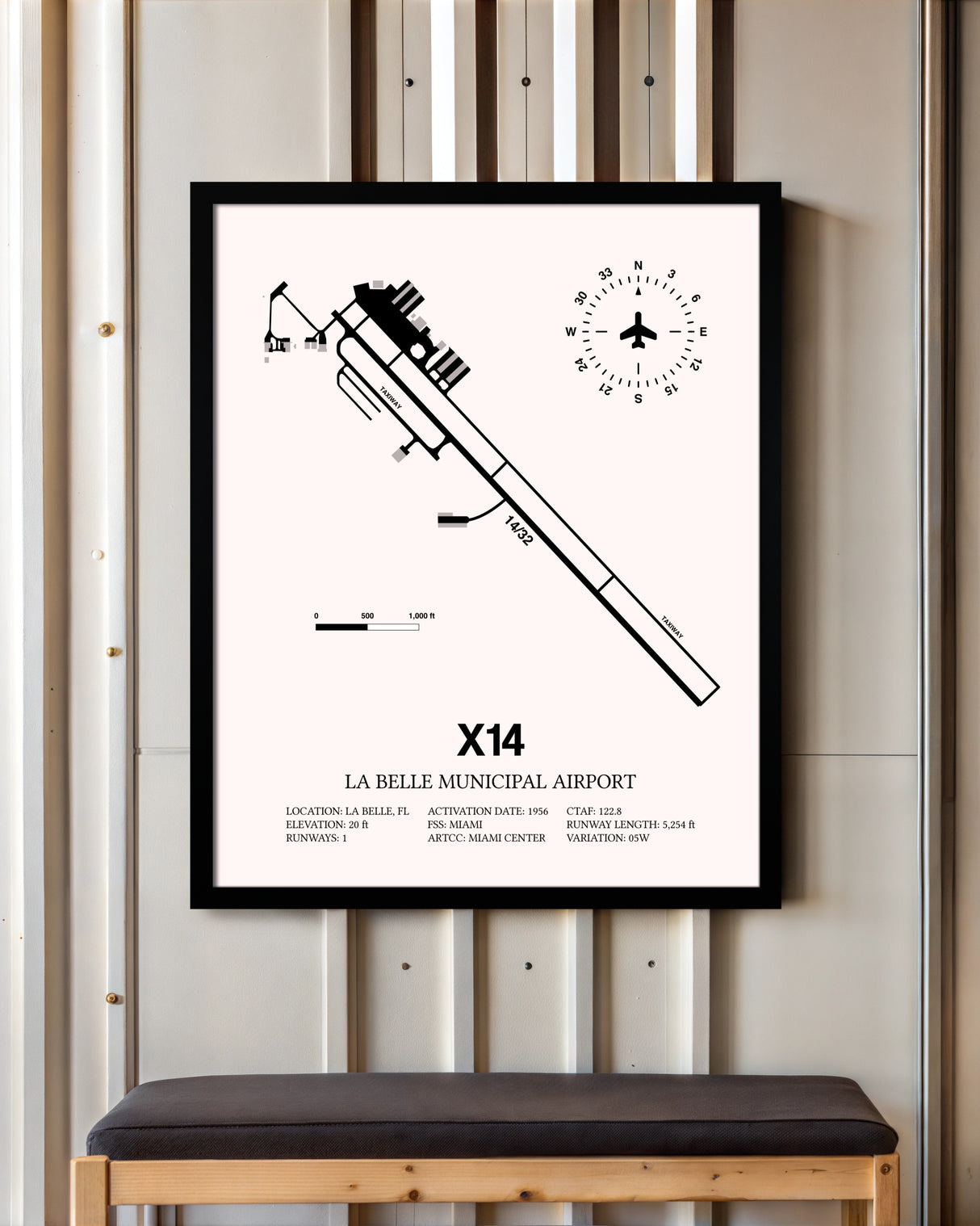 La Belle Municipal Airport framed poster displayed in an airplane hangar