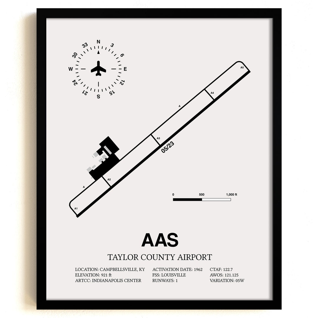 Framed Detailed Airport Map of Taylor County Airport (AAS) in White with a Black Frame