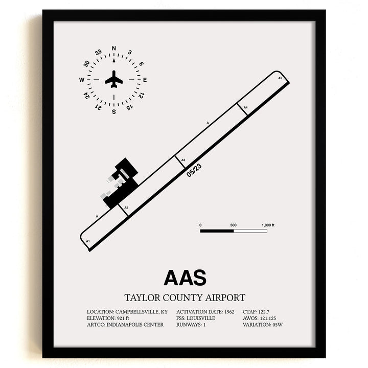 Framed Detailed Airport Map of Taylor County Airport (AAS) in White with a Black Frame