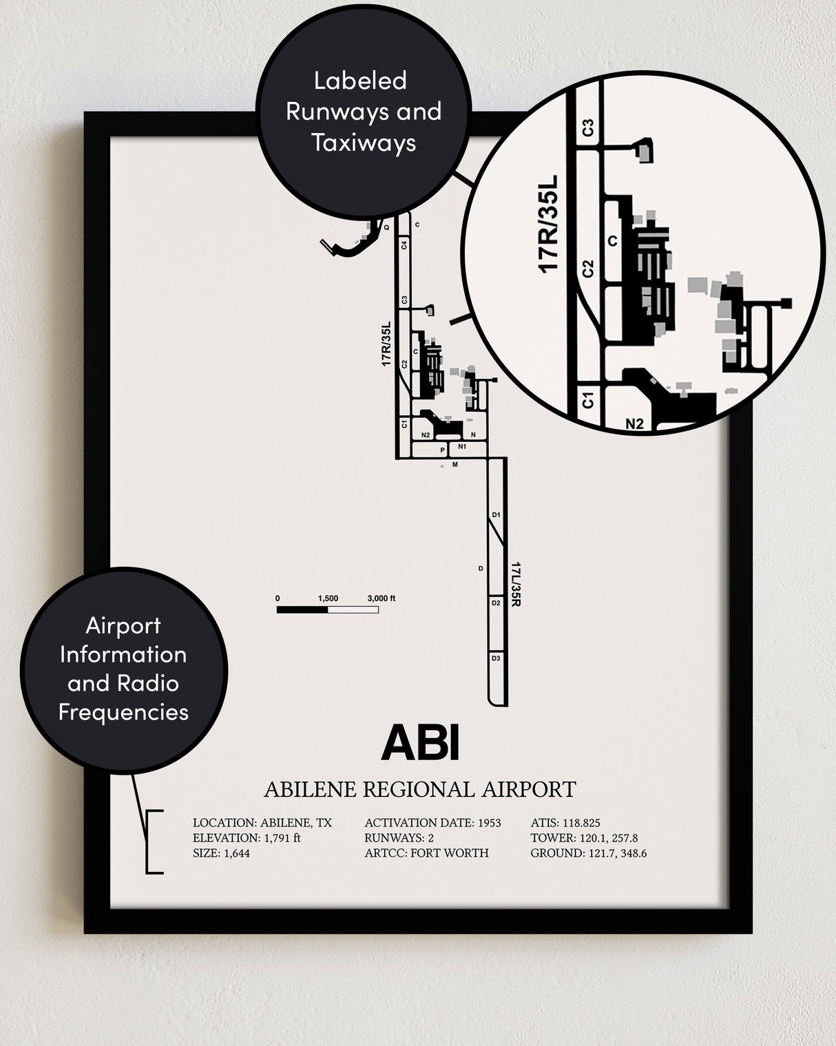 Framed Detailed Airport Map of Abilene Regional Airport (ABI) in White with a Black Frame