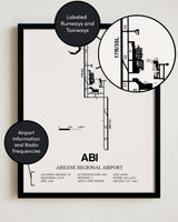 Framed Detailed Airport Map of Abilene Regional Airport (ABI) in White with a Black Frame