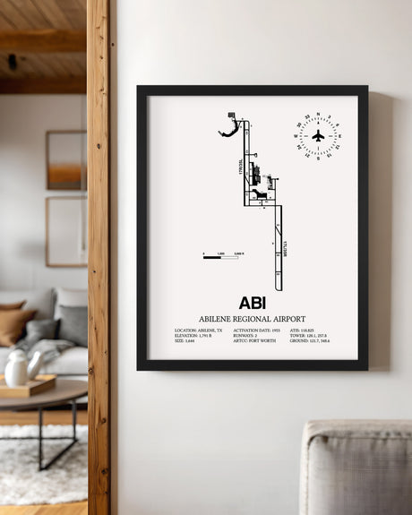 Framed Detailed Airport Map of Abilene Regional Airport (ABI) in White with a Black Frame