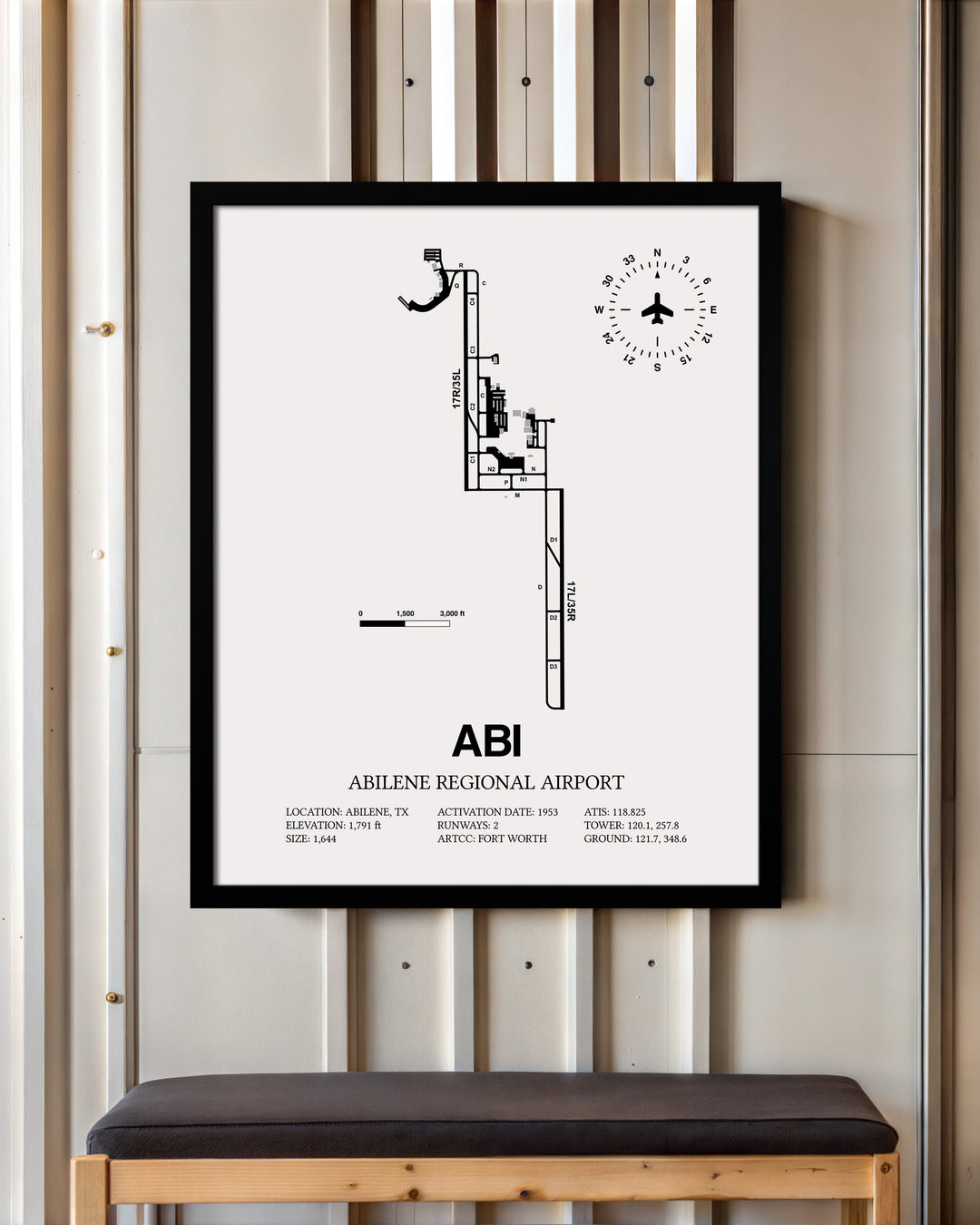 Framed Detailed Airport Map of Abilene Regional Airport (ABI) in White with a Black Frame