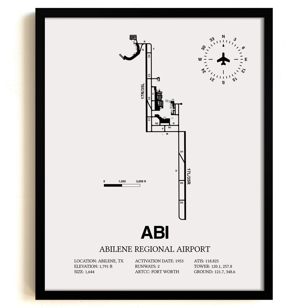 Framed Detailed Airport Map of Abilene Regional Airport (ABI) in White with a Black Frame