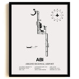 Framed Detailed Airport Map of Abilene Regional Airport (ABI) in White with a Black Frame