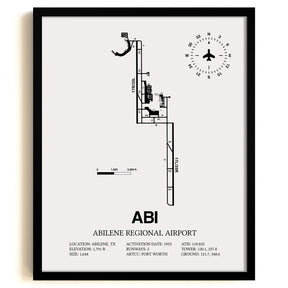 Framed Detailed Airport Map of Abilene Regional Airport (ABI) in White with a Black Frame
