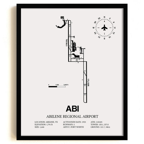 Framed Detailed Airport Map of Abilene Regional Airport (ABI) in White with a Black Frame