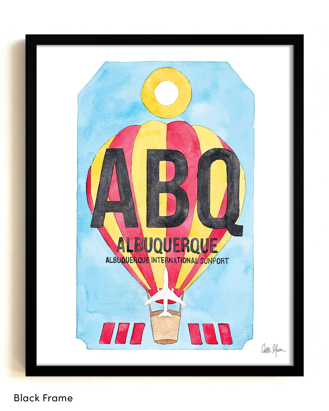 Framed Watercolor Print of Albuquerque International Sunport Airport (ABQ) with a Black Frame