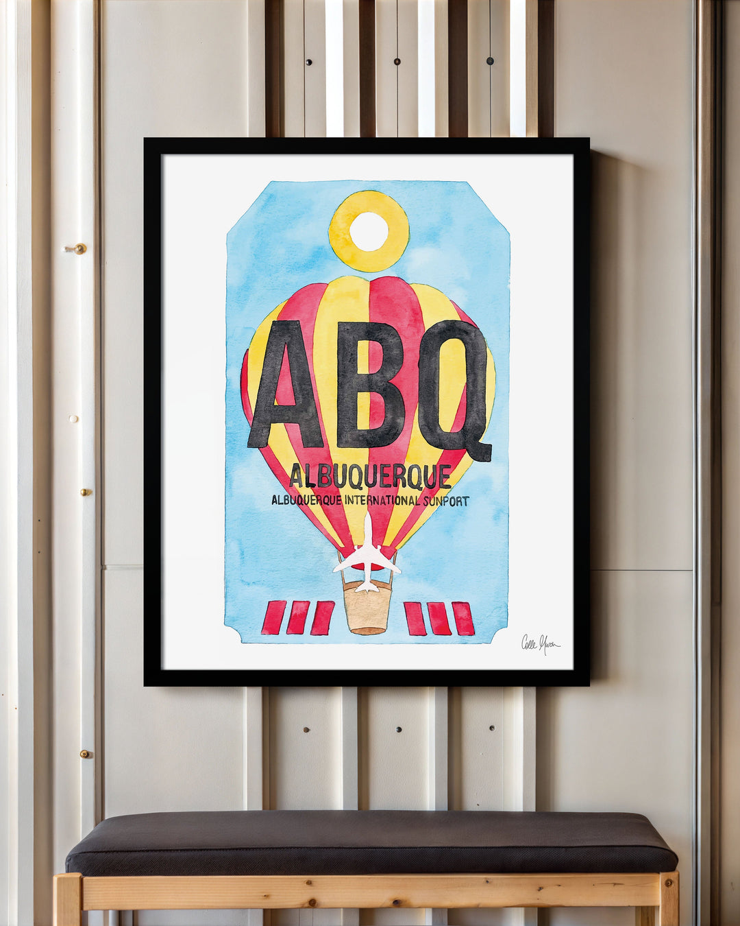 Framed Watercolor Print of Albuquerque International Sunport Airport (ABQ) with a Black Frame
