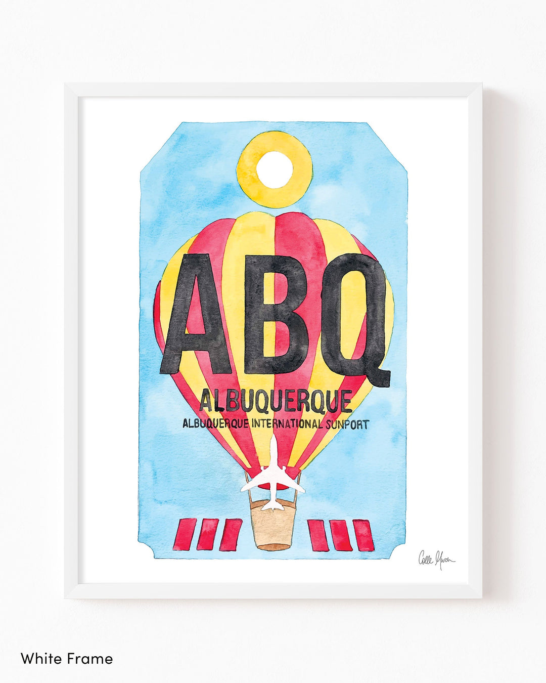 Framed Watercolor Print of Albuquerque International Sunport Airport (ABQ) with a White Frame