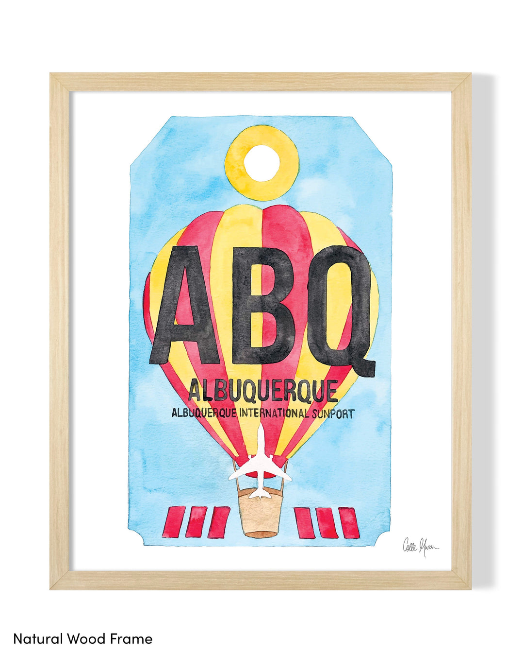 Framed Watercolor Print of Albuquerque International Sunport Airport (ABQ) with a Natural Wood Frame