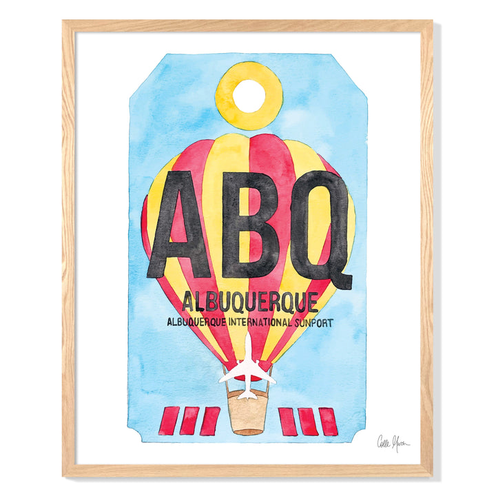 Framed Watercolor Print of Albuquerque International Sunport Airport (ABQ) with an Oak Frame