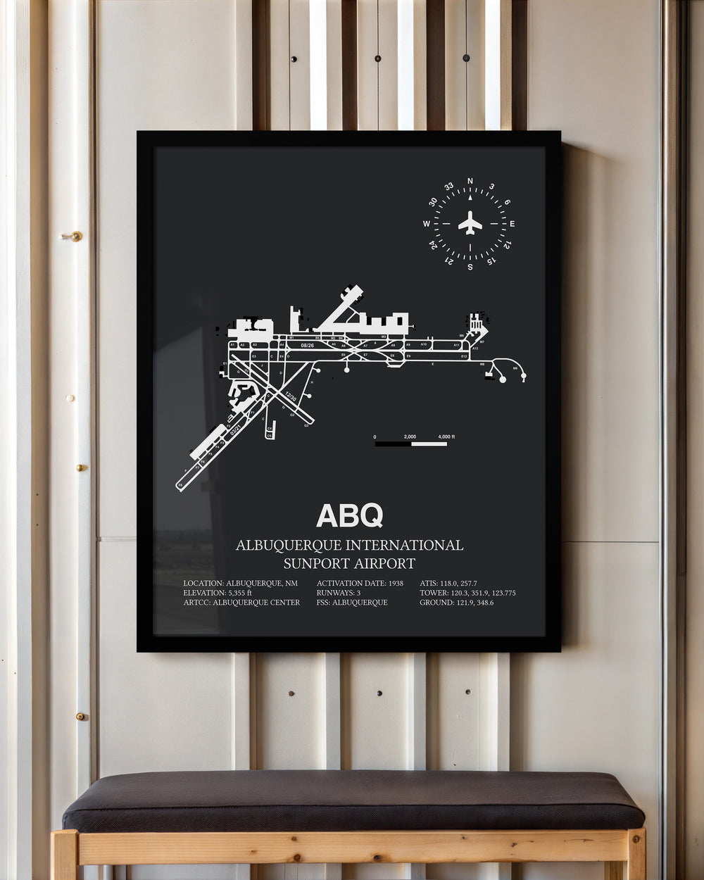 Framed Detailed Airport Map of Albuquerque International Sunport (ABQ) in Gray with a Black Frame