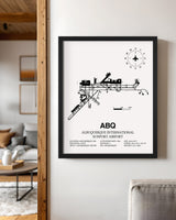 Framed Detailed Airport Map of Albuquerque International Sunport (ABQ) in White with a Black Frame
