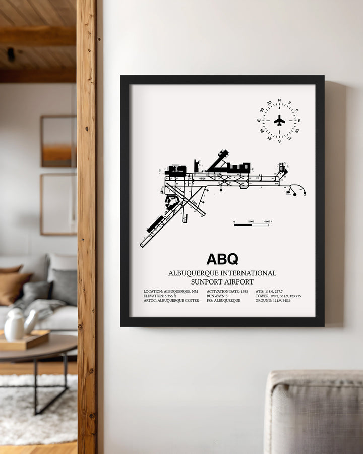 Framed Detailed Airport Map of Albuquerque International Sunport (ABQ) in White with a Black Frame