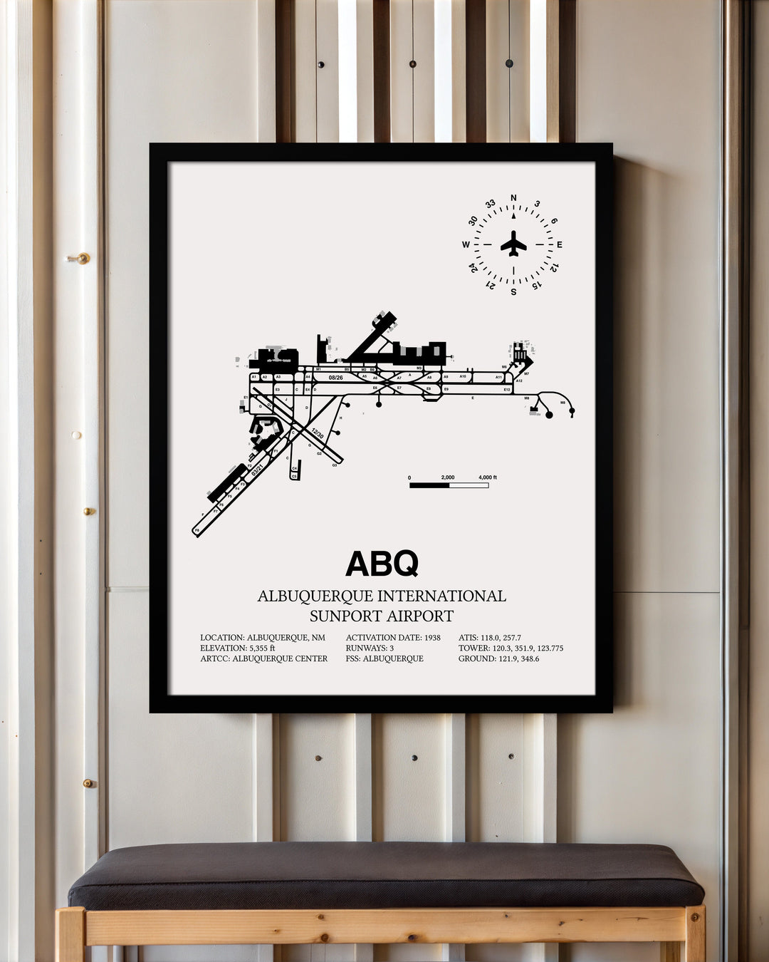 Framed Detailed Airport Map of Albuquerque International Sunport (ABQ) in White with a Black Frame