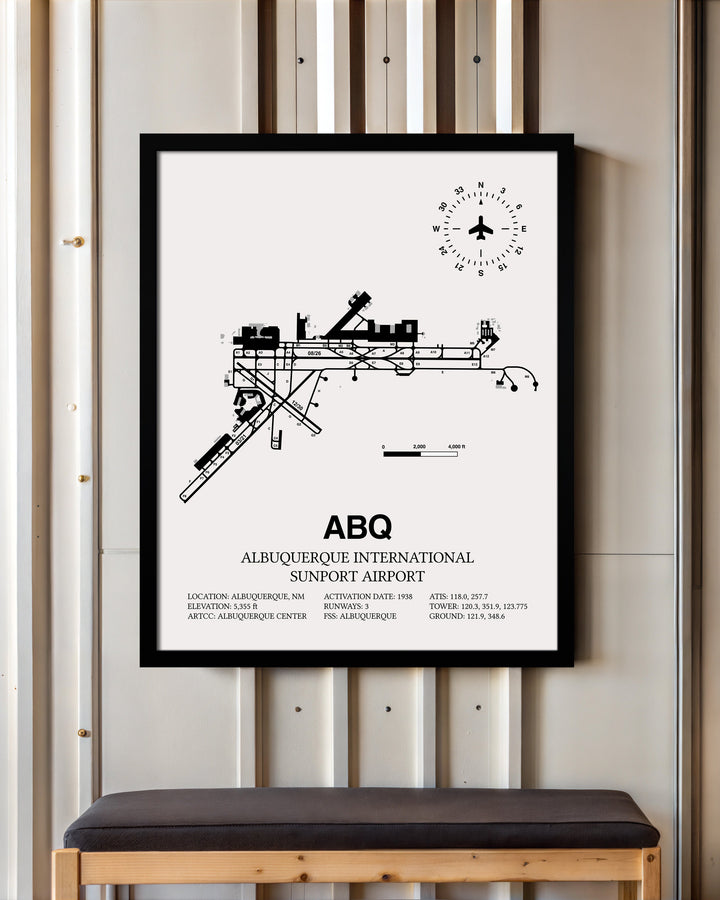 Framed Detailed Airport Map of Albuquerque International Sunport (ABQ) in White with a Black Frame