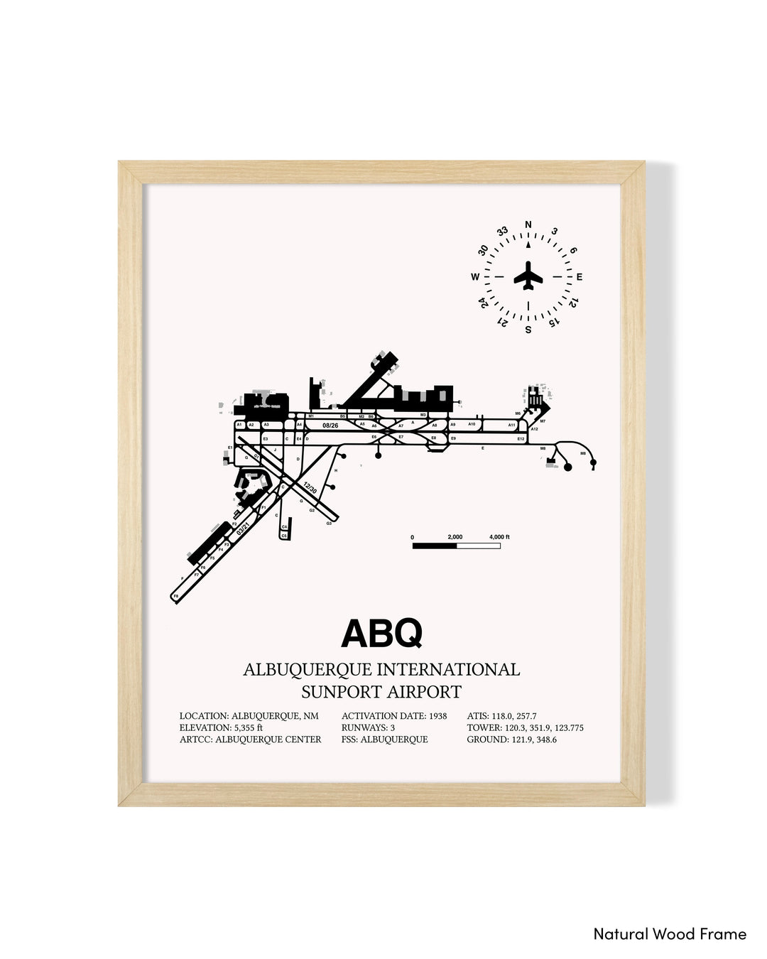 Detailed Airport Map of Albuquerque International Sunport (ABQ) in White with a Natural Frame