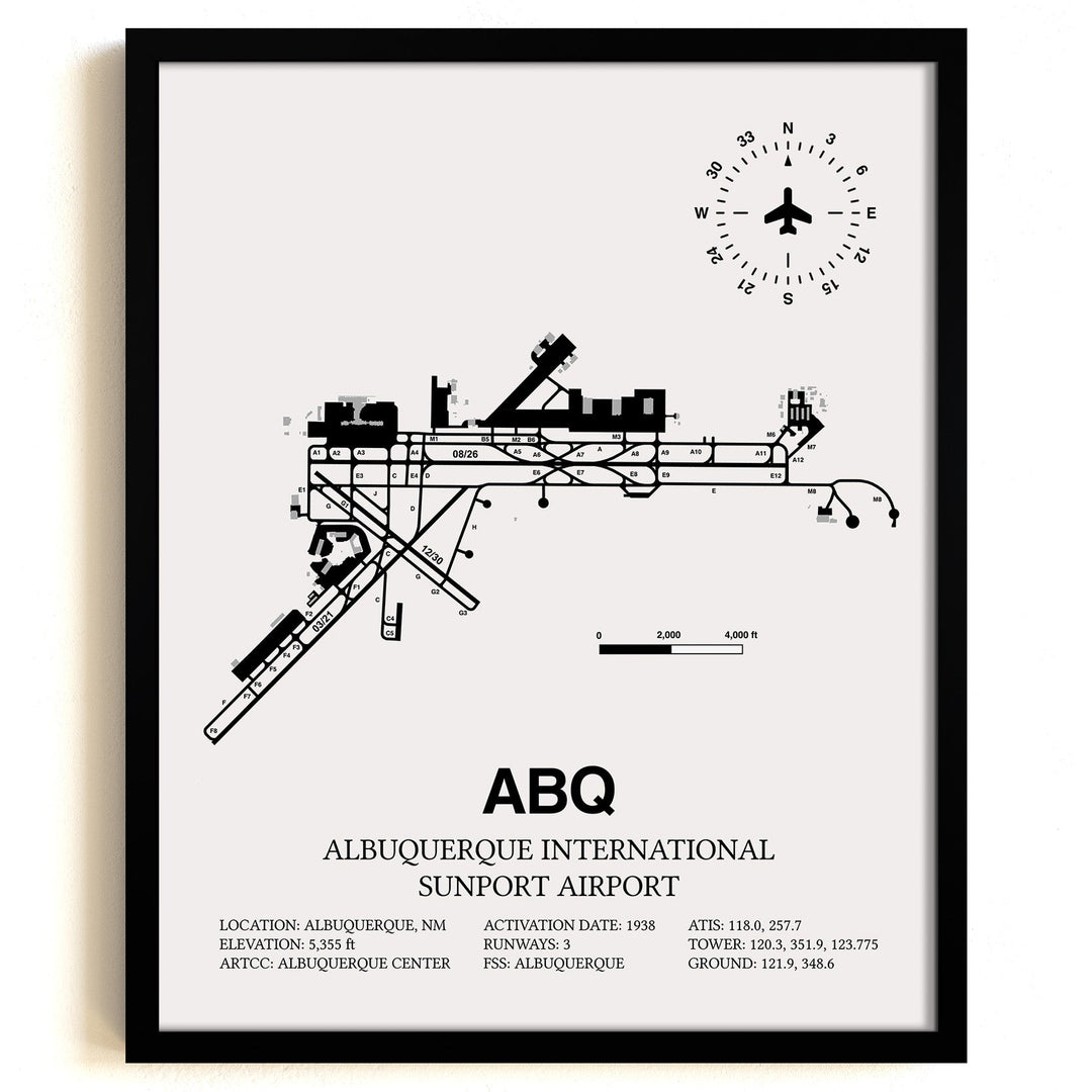 Framed Detailed Airport Map of Albuquerque International Sunport (ABQ) in White with a Black Frame