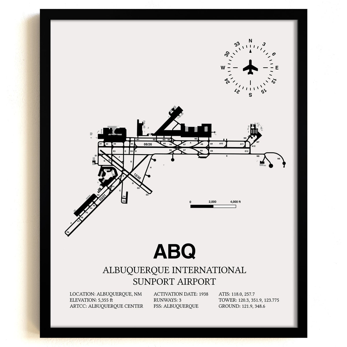Framed Detailed Airport Map of Albuquerque International Sunport (ABQ) in White with a Black Frame