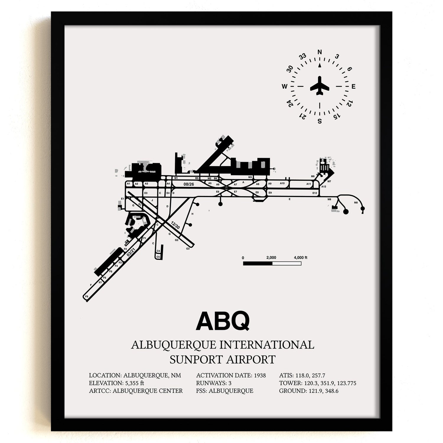 Framed Detailed Airport Map of Albuquerque International Sunport (ABQ) in White with a Black Frame