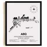 Framed Detailed Airport Map of Albuquerque International Sunport (ABQ) in White with a Black Frame