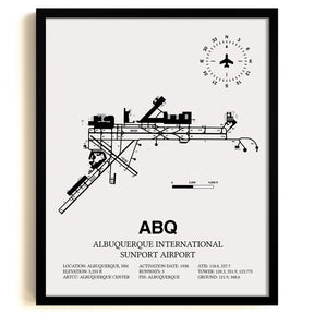 Framed Detailed Airport Map of Albuquerque International Sunport (ABQ) in White with a Black Frame