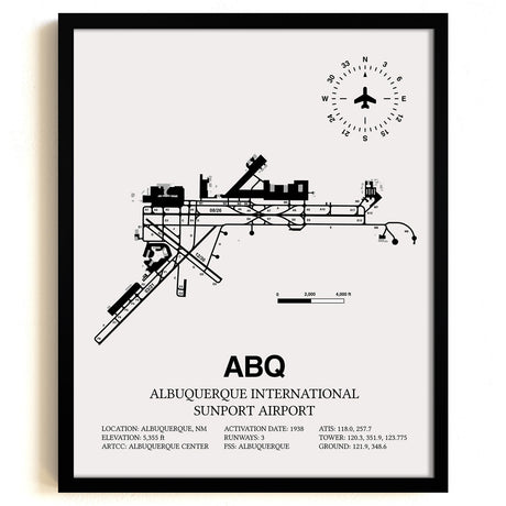 Framed Detailed Airport Map of Albuquerque International Sunport (ABQ) in White with a Black Frame