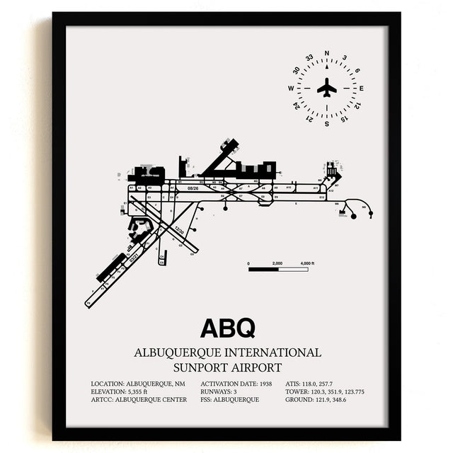 Framed Detailed Airport Map of Albuquerque International Sunport (ABQ) in White with a Black Frame