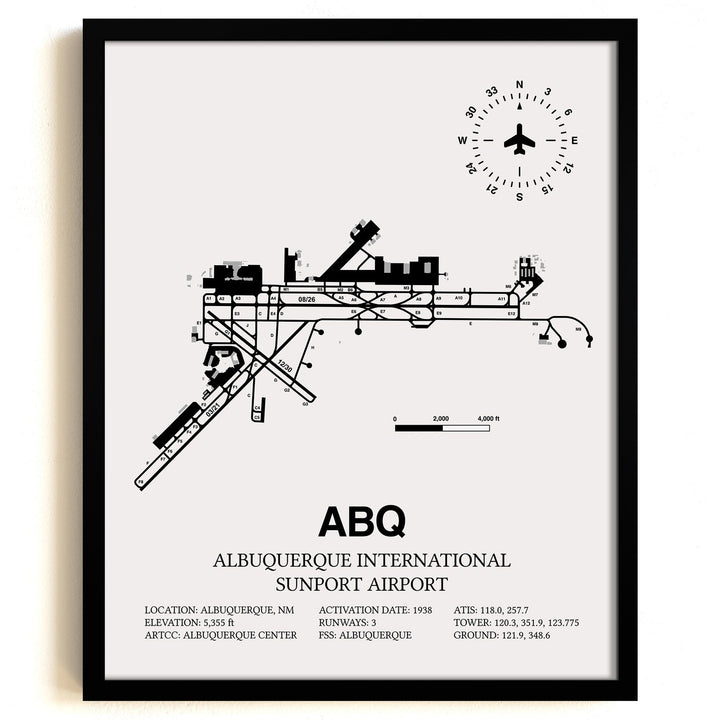 Framed Detailed Airport Map of Albuquerque International Sunport (ABQ) in White with a Black Frame