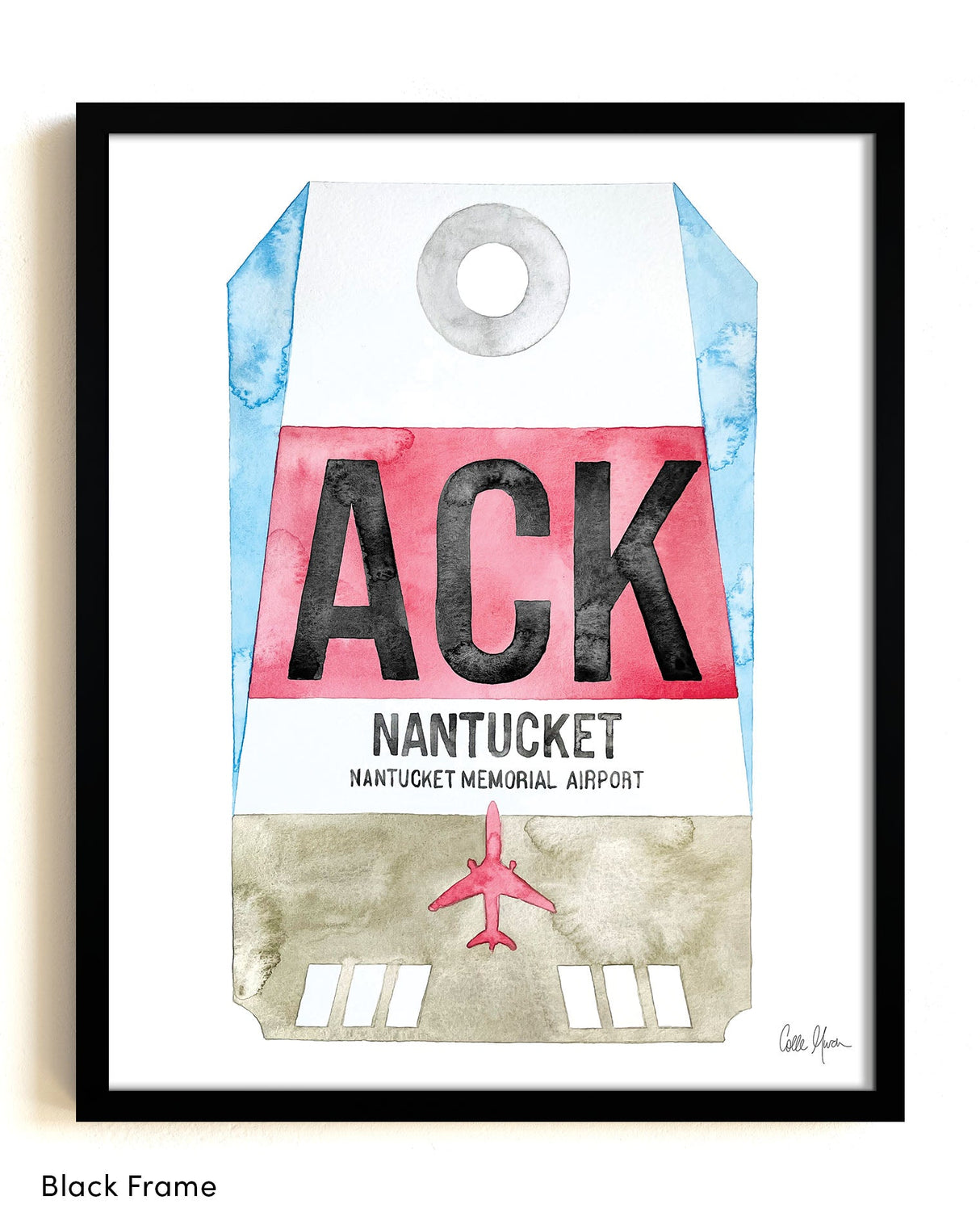 Framed Watercolor Print of Nantucket Memorial Airport (ACK) with a Black Frame