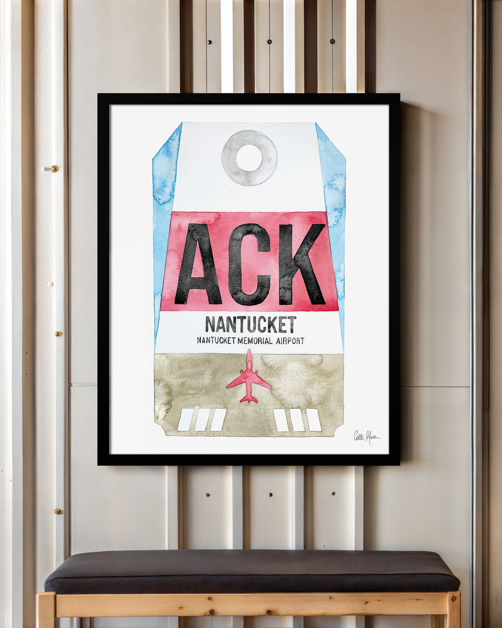 Framed Watercolor Print of Nantucket Memorial Airport (ACK) with a Black Frame