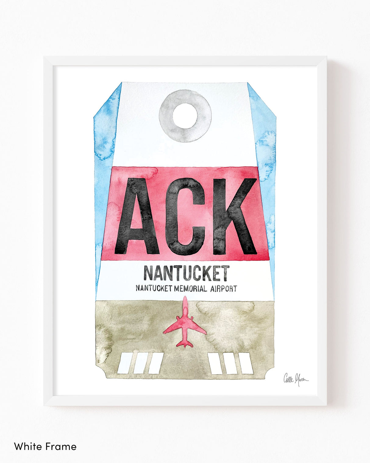 Framed Watercolor Print of Nantucket Memorial Airport (ACK) with a White Frame