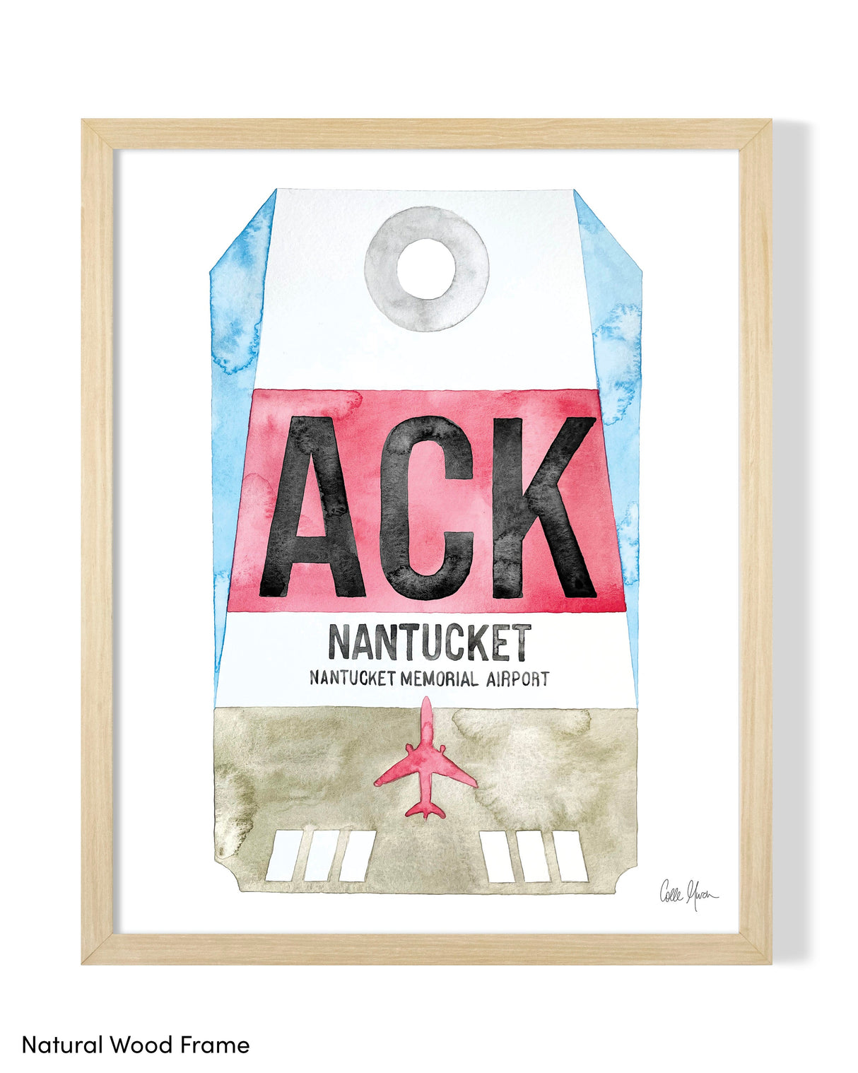 Framed Watercolor Print of Nantucket Memorial Airport (ACK) with a Natural Wood Frame