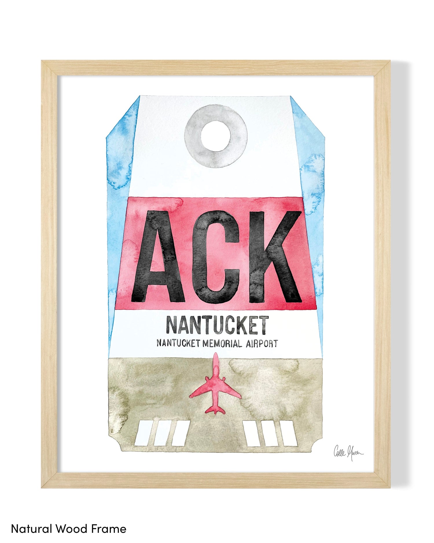 Framed Watercolor Print of Nantucket Memorial Airport (ACK) with a Natural Wood Frame
