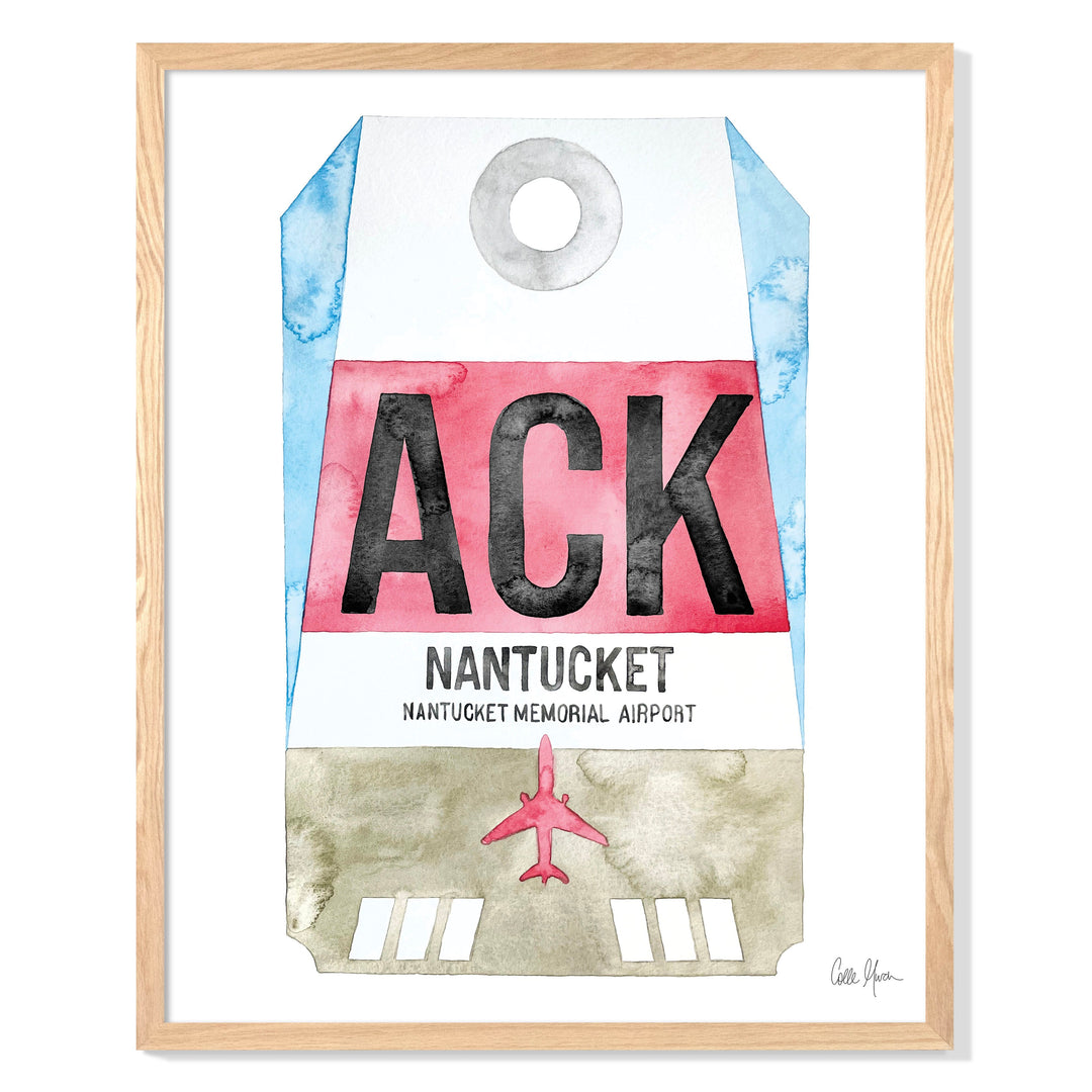 Framed Watercolor Print of Nantucket Memorial Airport (ACK) with an Oak Frame