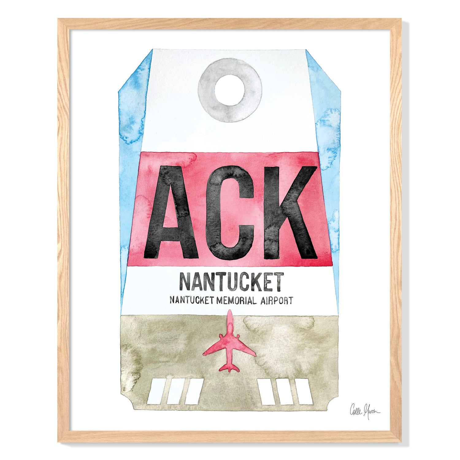 Framed Watercolor Print of Nantucket Memorial Airport (ACK) with an Oak Frame