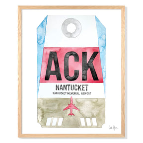 Framed Watercolor Print of Nantucket Memorial Airport (ACK) with an Oak Frame