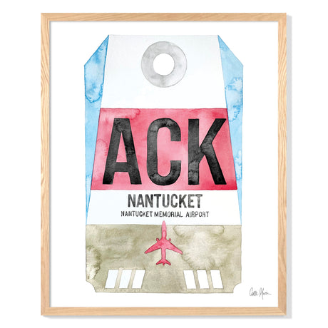 Framed Watercolor Print of Nantucket Memorial Airport (ACK) with an Oak Frame