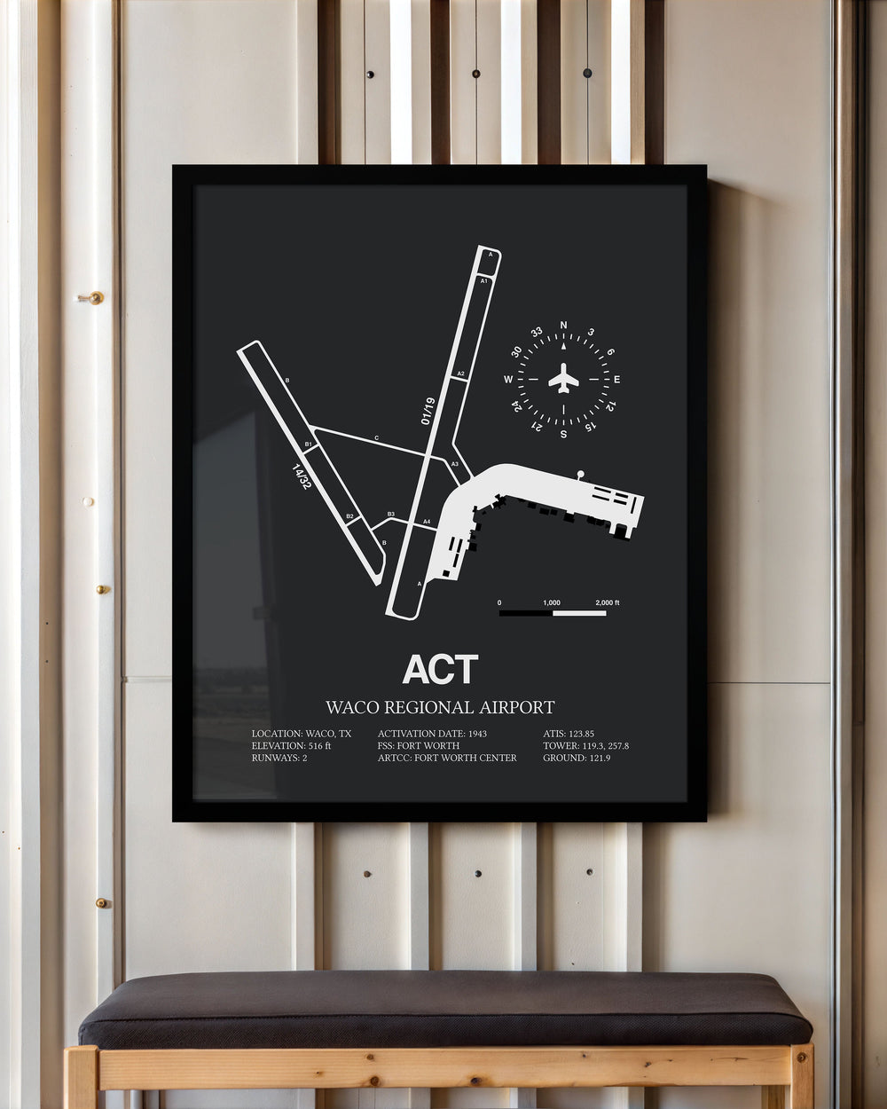 Framed Detailed Airport Map of Waco Regional Airport (ACT) in Gray with a Black Frame