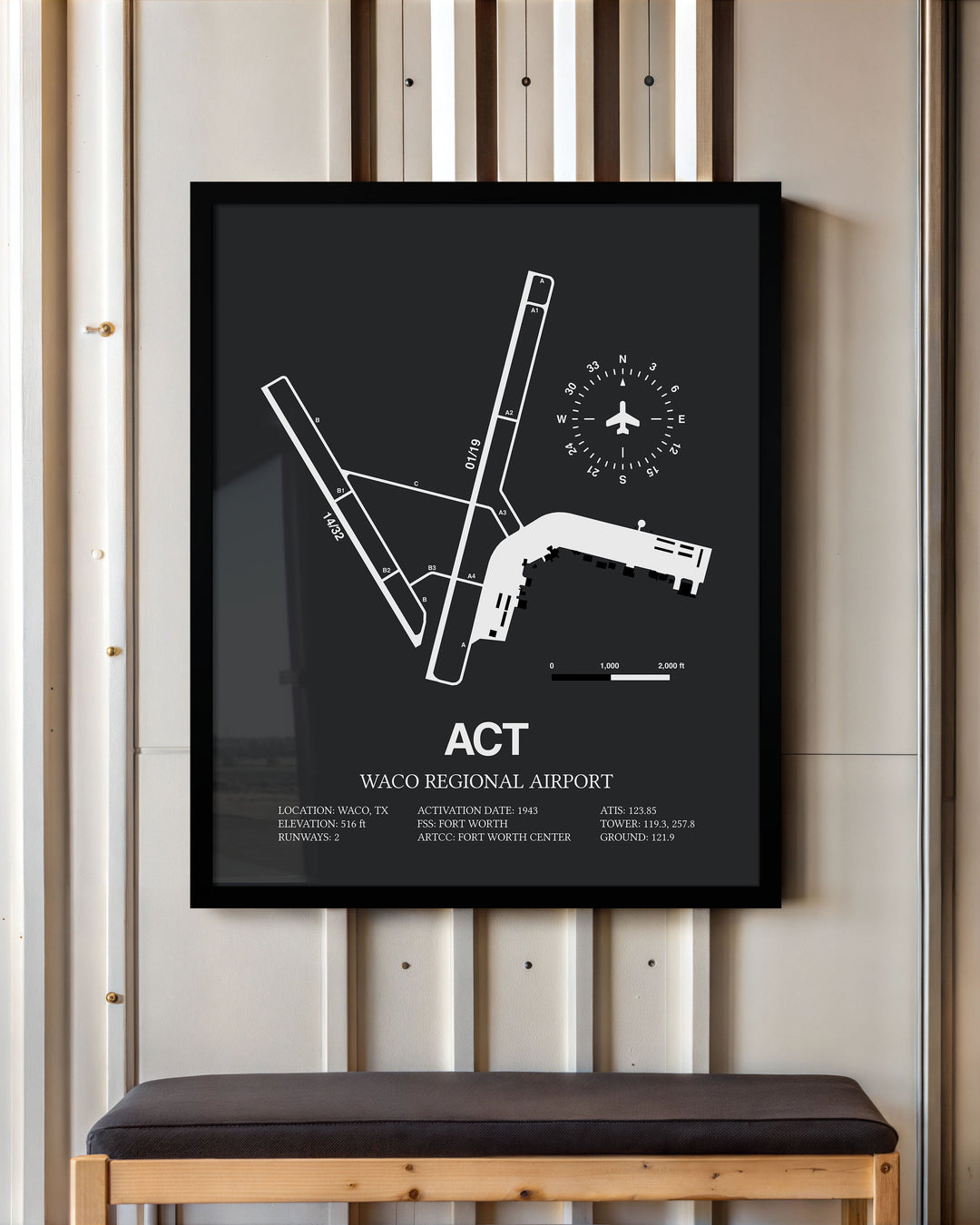 Framed Detailed Airport Map of Waco Regional Airport (ACT) in Gray with a Black Frame