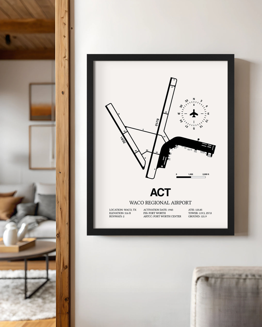 Framed Detailed Airport Map of Waco Regional Airport (ACT) in White with a Black Frame