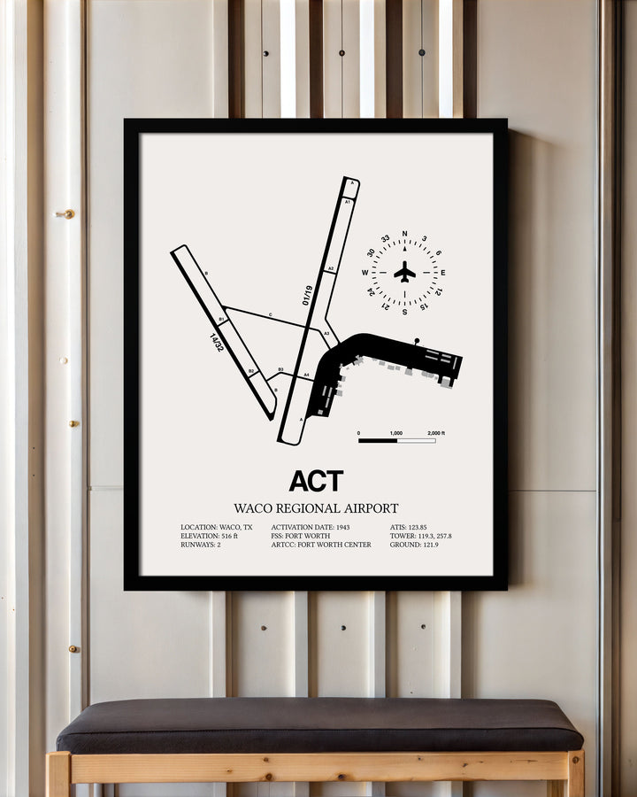 Framed Detailed Airport Map of Waco Regional Airport (ACT) in White with a Black Frame